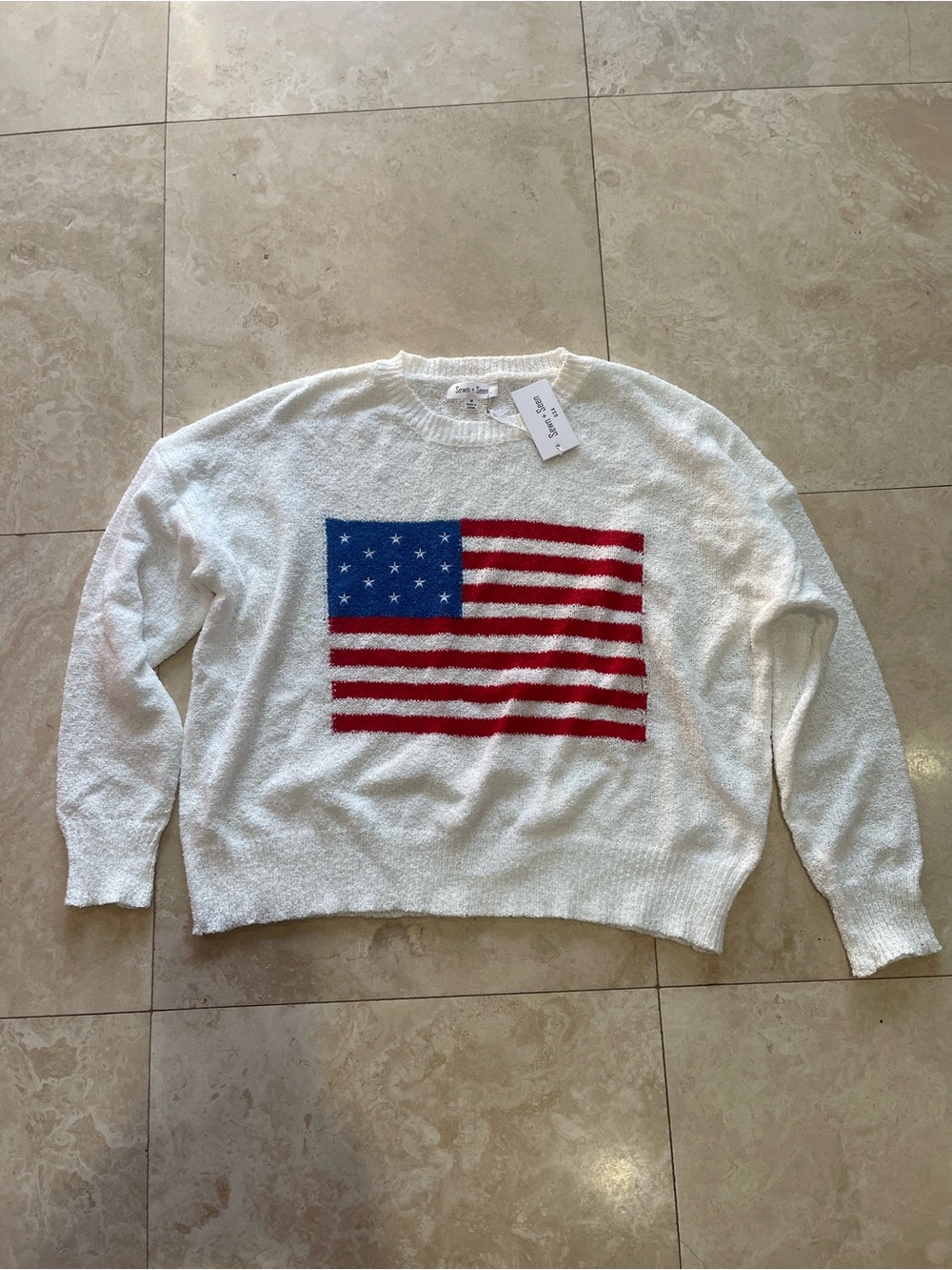 Sewn Seen New Womens Flag Sweater - White with Red & Blue Accent